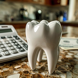 Tooth model next to calculator and cash