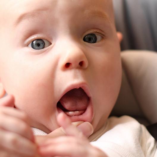 A baby with its mouth open and two bottom teeth visible showing