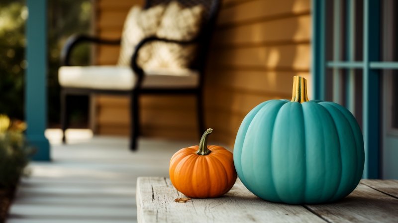 a teal pumpkin next to an orange pumpkin